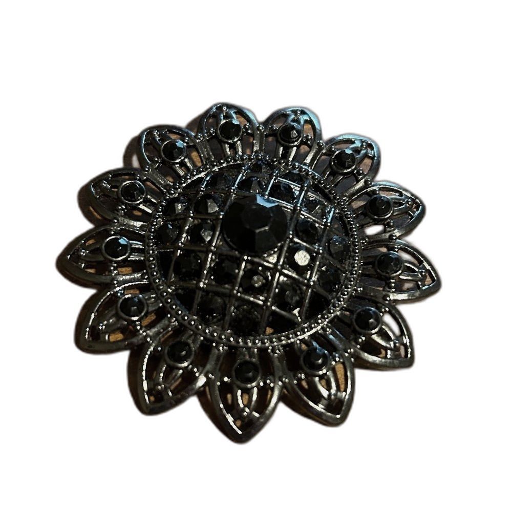 Vintage Art Deco Black Rhinestone Silver Tone Floral Pendant